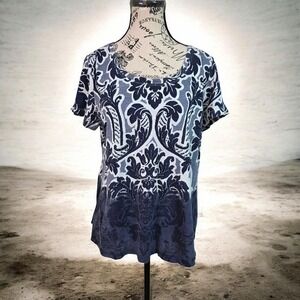 Sonoma Blue Floral Medallion Sequin Shirt Large 100% Cotton Boho Embellished